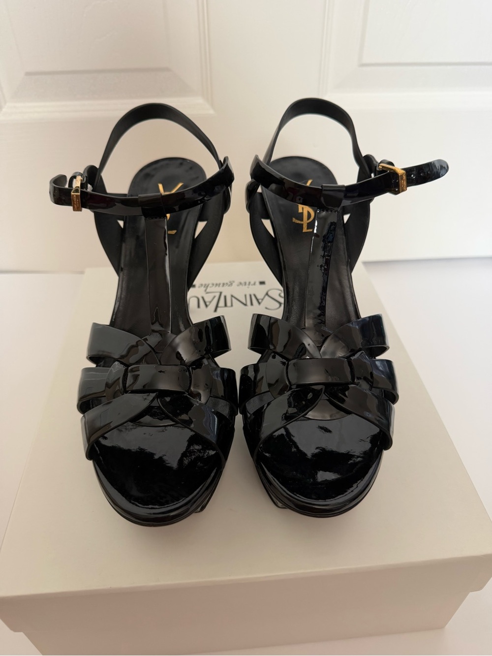 Saint Laurent Black Patent Leather Tribute Platform Sandals, 75mm, size 40